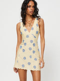Vintage Flower Printed Sleeveless V-Neck Dress Women's New Sweet Spicy Style Short Dresses For Summer 2024