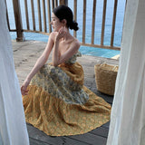 Summer Dress New Seaside Holiday Wind Loose Sling V Tie Print Splicing Dress Dress Waist And Ankle