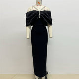 Design-Sense Bow-Tendered One-Word Collared Shoulder-Banded Dress Party Dress