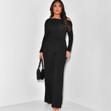 Women Solid Color Collar Shrink Fold Irregular Top Hanging Trousers Set DJPT
