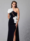 New Slant Shoulder Three-Dimensional Flower Evening Dress Sexy Elegant Party Party Tender Women's Dress