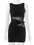 Women's Decoration Body Hips Sleeve High-Necked Lace Hollow Twist Ring Dress DJPT
