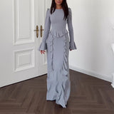 Summer New Splicing Lace Solid-Colored Collar Repair Horn Sleeve Long Skirt