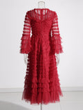 Retro Style Personality 2025 Summer New Round Collar Long Horn Sleeve Wood Ear Mesh Mesh Stitching Dress