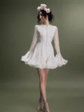 A-Word Puffed Dress Vietnamese Niche Autumn Collared Horn Sleeves Single-Clip-Enveheded Butbum Skirt Skirt