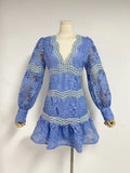 Autumn New V-Neck Lantern Sleeve Splicing Hollow Design Short Dress Woman