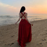 V-Necked With Hanging Neck Dress Female Seaside Holiday Sexy Bare Back Open Fork Showing Lean Long Skirt