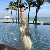 Sling Dress Women's Summer Mesh Printing Temperament Is Skinny Seaside Holiday Dress Dress