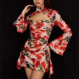 Dress Hollow Sexy Floral Dress Print Collar Cheongsam Dress