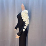 Black Shoulder Hollow White Flower Long Sleeve Long Bandat Party Evening Dress