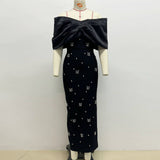 Autumn Elegant Fashion Butterfly Bow Hot Diamond Bandage Evening Dress Women's One-Word Shoulder Dress