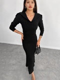 Fashion Knitted Solid Color In Autumn 2024 V-Neck Bag Hip Dress