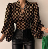 Explosion Spring New Temperament Button V Collar Lantern Sleeve T-Shirt DJPT