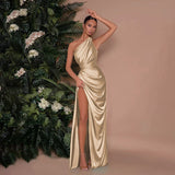 Single-Shoulder-Singed-Faced Sexy Open Fork Dress Dress New Temperament Dress Woman DJPT
