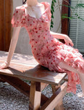 Sheath V Neckline Ruffled Pink Chiffon Floral Beach Dress Women's Vacation Dresses SD1138