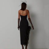 Open Fork Bra Feather Bandage Repair Body Elastic Party Mid-Long Dress Dress Dress