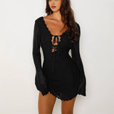 Women's New Knitted Tying Dress With Long Sleeves And Hip Mini Skirt HZ0628