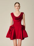 Temperament Sexy Elegant Baite Dress 2025 Summer New Collar Three-Dimensional Flowers Spliced A-Word Dress Dress Woman