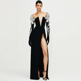 Card Shoulder Long Sleeves Chest V-Neck Pattern Hot Diamond Banded Dress Sexy Temperament Dress Dress