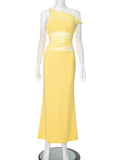 Women's Solid Color Sleeveless Slanted Shoulder Splicing Body Jacket Hollow Dress DJPT