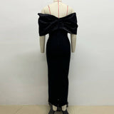 Autumn Elegant Fashion Butterfly Bow Hot Diamond Bandage Evening Dress Women's One-Word Shoulder Dress