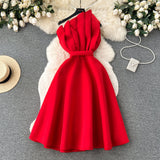 A line One Shoulder Ruffles Holiday Dresses Midi Length Women's Dress SD1277