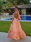 Printed Holiday Dress 2025 Summer Show Back New Hanging Neck Sleeveless Swing Leaves Side Dress Woman