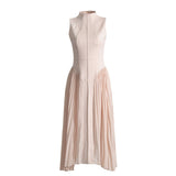Simple Temperament Light Style Long Dress 2025 Spring New Collar Sleeveless Pressure Folding Dress Woman