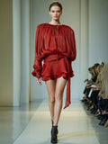 Famous Wind Dress 2025 Spring New Round Neck Long Sleeve Tie With Languid Short Skirt Lady