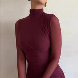 Fashion Sexy Round-Neck Long-Sleeved Perspective Solid-Color Bag Hip Short Dress