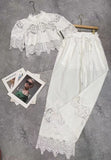 Collar Short-Sleeved Lace Top + Tight Waist Tie With Lace Spliced Wide Leg Trousers Set Woman