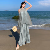 New Temperament Hanging Neck Dye Chiffon Skirt Fake Two Holiday Dress Summer