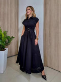 Spring And Summer Holiday Wind Collar Lace Splicing Hollow Belt Shirt Dress Dress