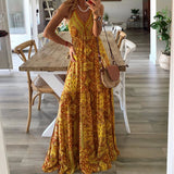 2025 Bohemian New Sling Dress High-Waist V-Neck Print Floral Dress Women's Dress DJPT