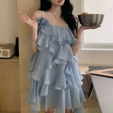 Holiday Wind Sweet Layer Wave Dress Lotus Leaf Side With Flower Sling Skirt 2024 New