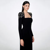 Temperament Square Collared Diamond With Long Sleeve Banded Dress Dress For Party Dinner
