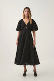 2025 Spring New V-Neck Bubble Sleeve Hollow Solid Color Dress Dress Woman