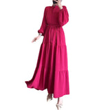 Women's Autumn Round-Neck Long-Sleeved Single Buckle High-Waisted Splicing Dress