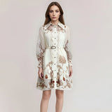 Spread Floral Retro Print Skirt 2025 New Collar Long-Sleeved Belt Design Dress Women's Summer