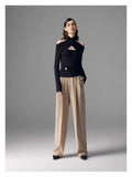Club Babes Knitted Shirt 2025 Spring Metal Cross-Kin Knot Sexy Hollow Black Bottom Top Woman