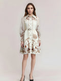Spread Floral Retro Print Skirt 2025 New Collar Long-Sleeved Belt Design Dress Women's Summer
