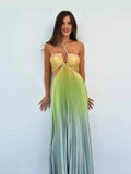 New Summer Gradient Hanging Neck Fold Fashion Dress Ladies Beach Holiday Dress
