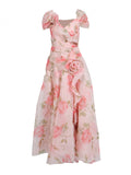 Vintage Flower Drewing Dress 2025 Summer New V-Neck Waist Opened Lotus Leaf Side Dress