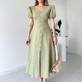 Women's Summer French V-Neck Bubble Bubble Sleeve High Waist Open Temperament With Long Dress