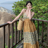 Summer Dress New Seaside Holiday Wind Loose Sling V Tie Print Splicing Dress Dress Waist And Ankle