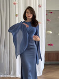 2024 Splicing Glass Yarn Sleeve Long Lint Repair Dress