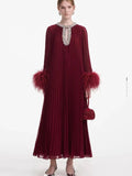 2024 New Round-Neck Heavy Industry Nail Nails And Fur Folding Process Horn Sleeve Long Dress