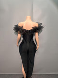 Niche V-Neck Thin Sexy Mesh Shoulder Dress Famous Style Bandge Jumpsuit