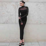 Women's Mesh Splicing Set Of Finger Long Sleeves High-Necked Ass Long Skirt DJPT