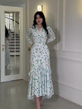 2025 Gentle Wind Small Fresh Flowers And Leaves Side Long Dress Woman